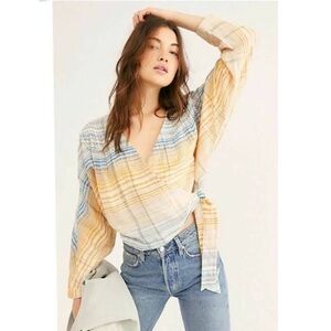 Free People Orange and Blue Striped Wrap Blouse sz L